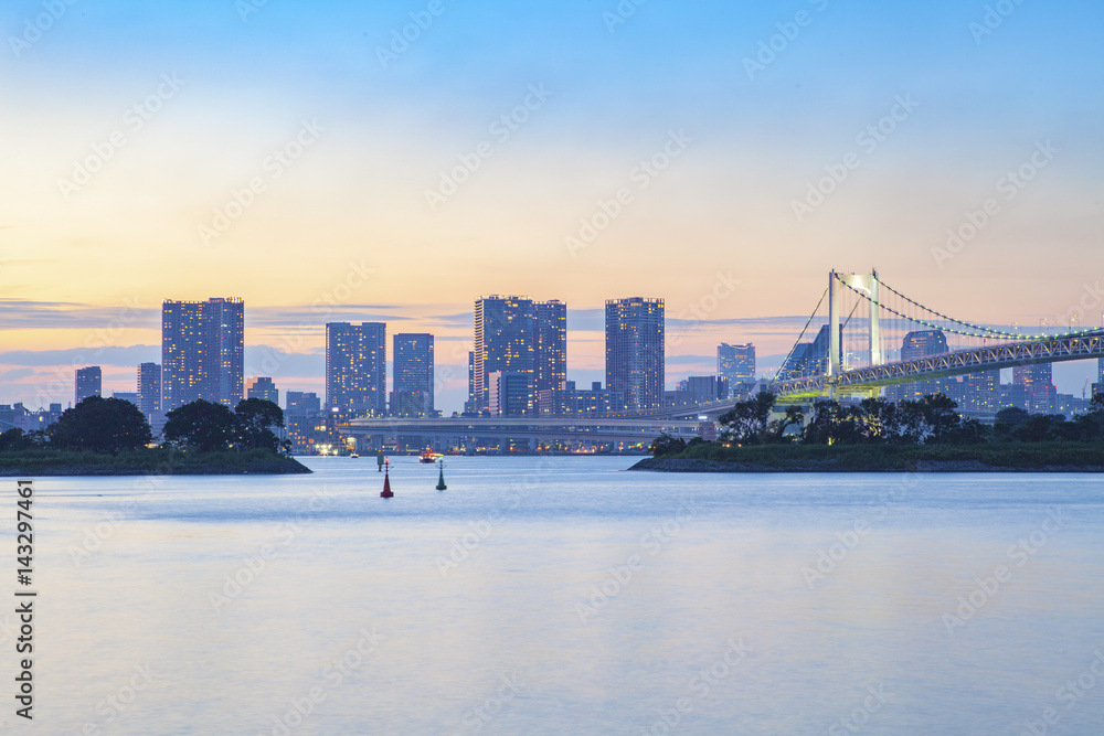 Naklejka premium piękny most tęczowy i głąb miasta odaiba port tokyo japonia