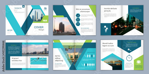 Brochure template. Book cover design. Title sheet. Abstract composition with images. Blue green, turquoise geometric shapes. Set A4 interesting vector illustration. Minimalistic. Creative. Modern.