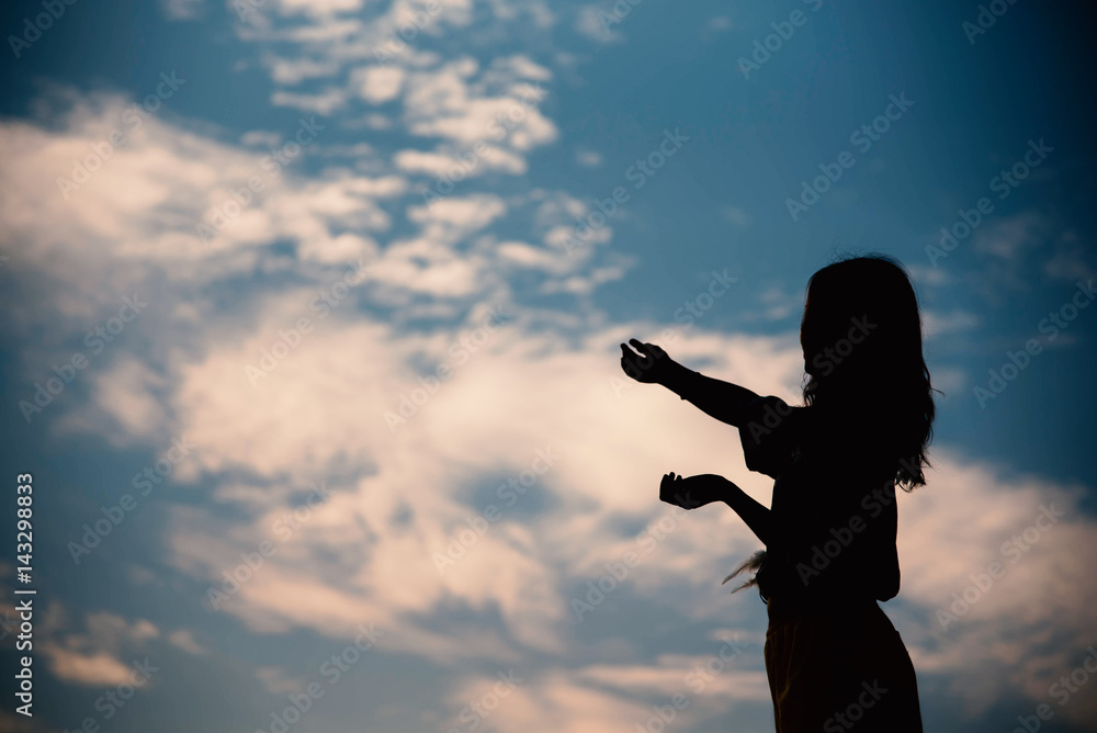 Silhouette woman sad on sunset background, hope concept