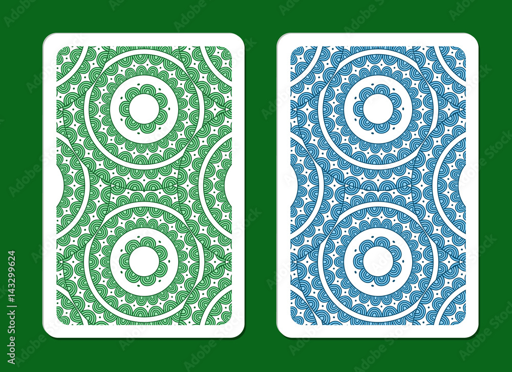 Playing card back side designs. Green and blue color card.