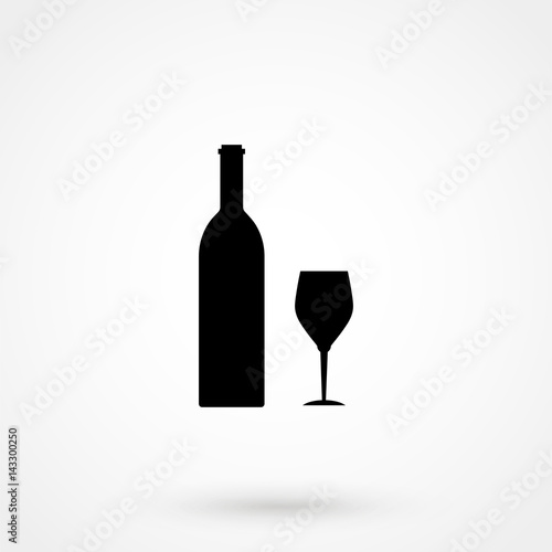 Wine bottle and wine glass silhouette isolated on white background. Vector icon or sign.