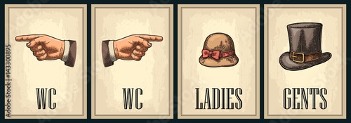 Toilet retro vintage grunge poster. Ladies, Cents, Pointing finger.