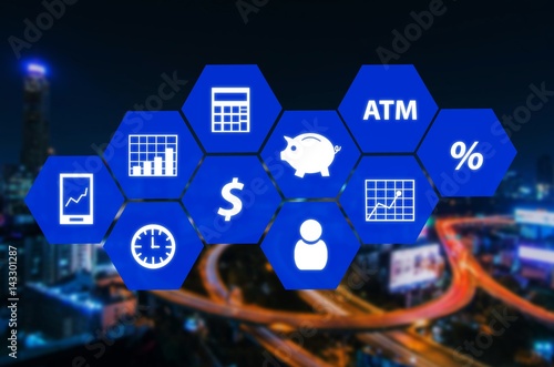 finance icon financial and hexagon shaped pattern design for abstract technology and business concept on blurred night city background.