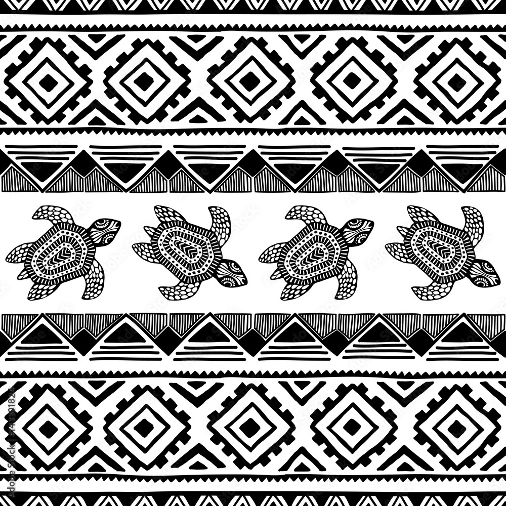 Turtle. Black and white seamless pattern. Ethnic and tribal motifs ...