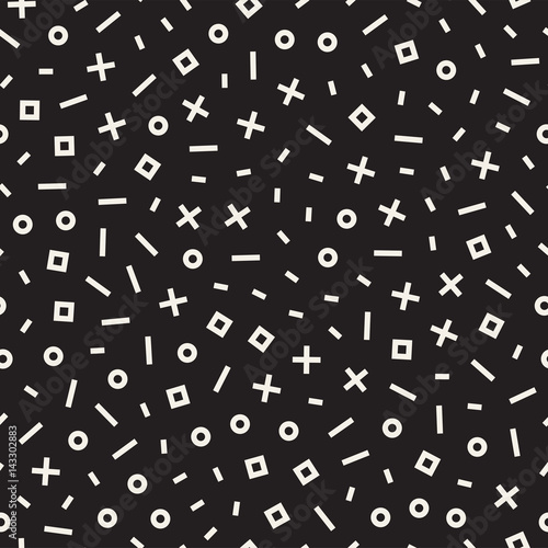 Retro geometric line shapes seamless patterns. Abstract jumble textures. Black and white scattered shapes