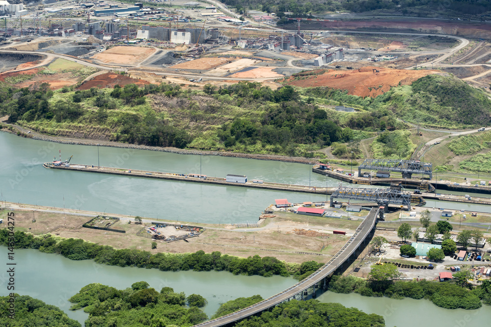 Aerial view of Miraflores locks and the construction of a wider channel and second set of locks in the far left, Panama Canal