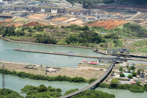 Aerial view of Miraflores locks and the construction of a wider channel and second set of locks in the far left  Panama Canal