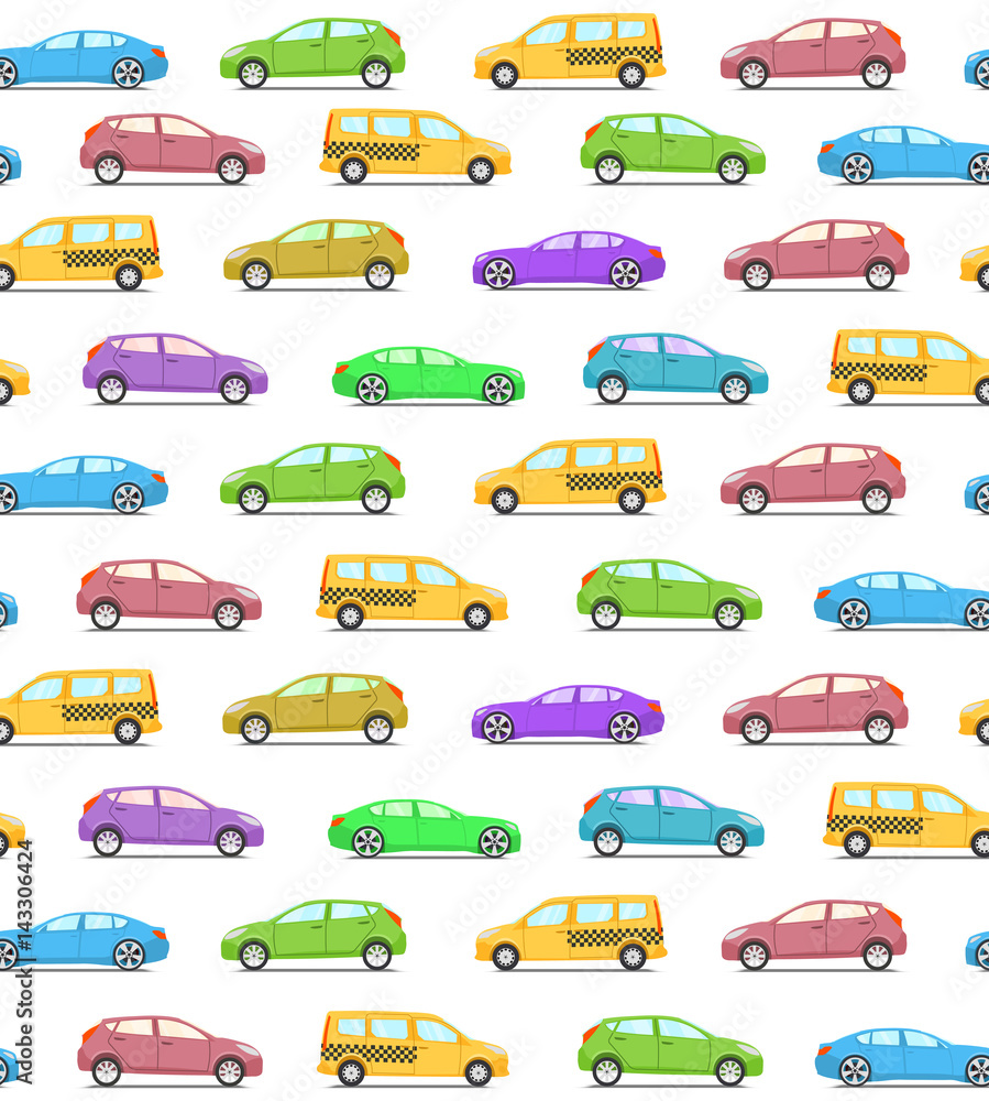 Seamless vector pattern with colored cars, flat style. Sedan or supercar, hatchback or family car and yellow taxi. Vector illustration.