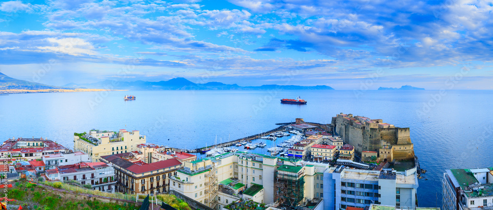Panoramic seascape of Naples, view of the port in the Gulf of Naples, Ovo Castle.Castel dell'Ovo, and the island Capri. The province of Campania. Italy.