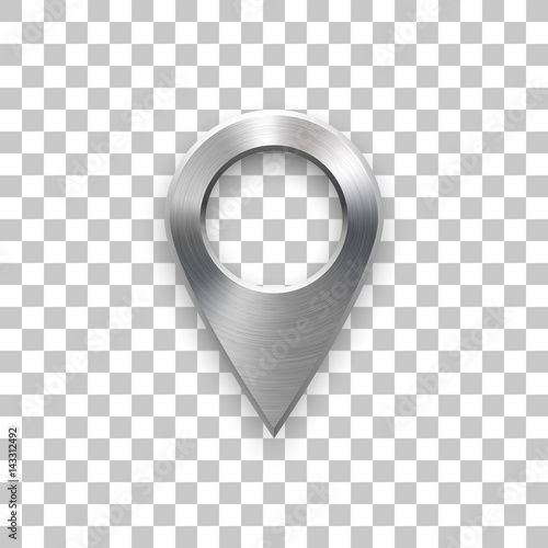 Technology map pointer badge, GPS button template with metal texture, chrome, steel, silver, realistic shadow and transparent background for design concepts, interfaces, apps, web. Vector illustration