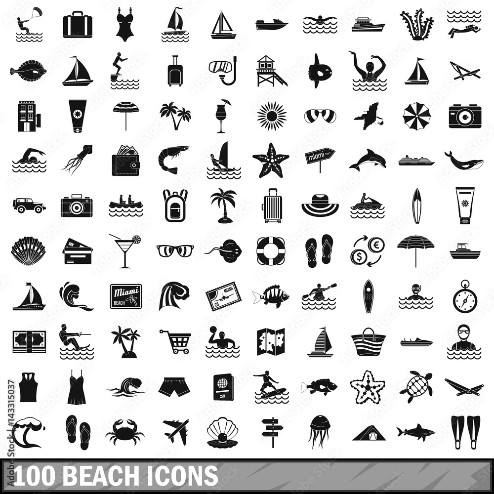 Naklejka premium 100 beach icons set, simple style 