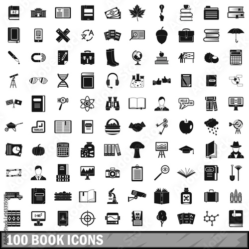 100 book icons set, simple style 