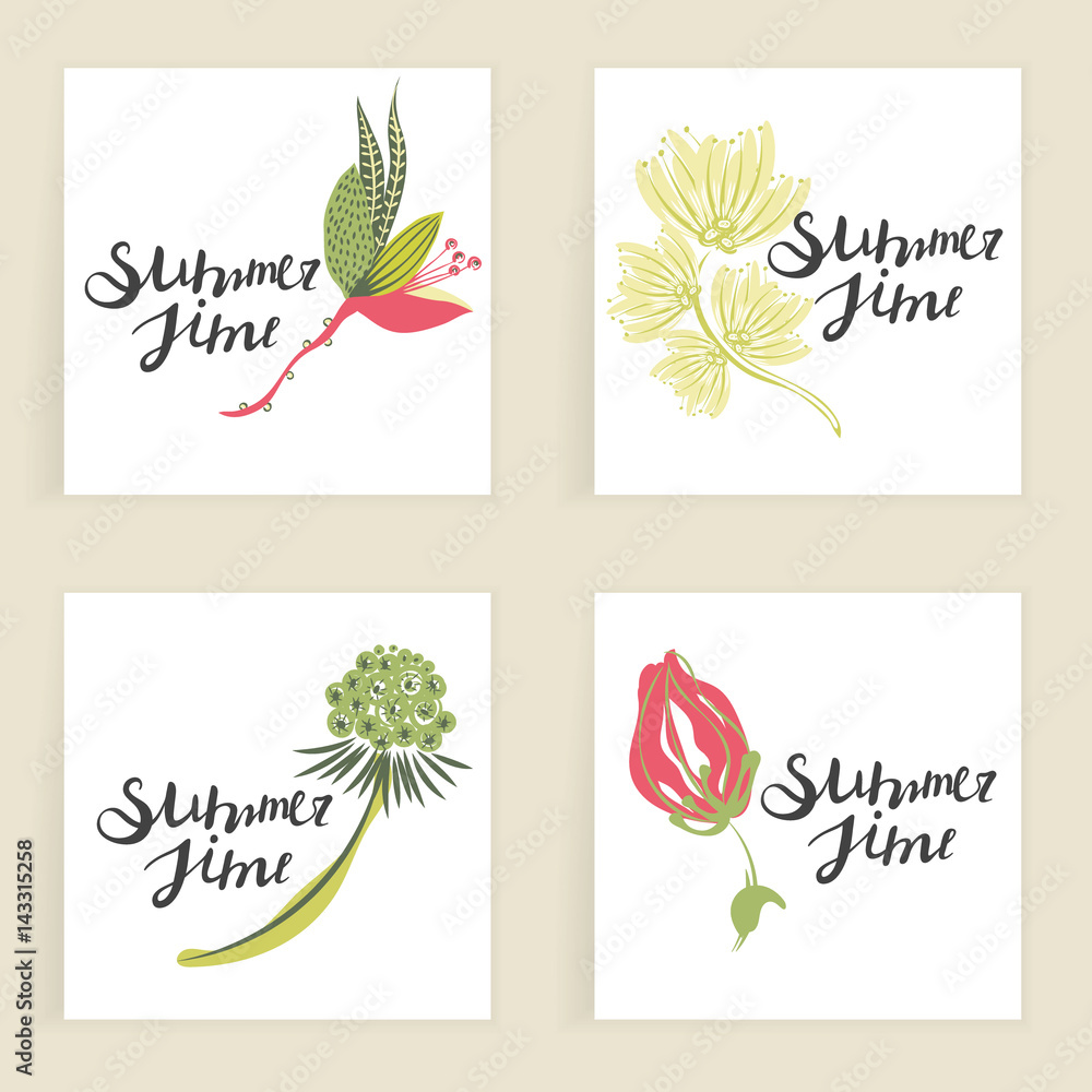 Summertime. Four square cards. Hand drawn creative flowers. Lettering. Colorful artistic background with blossom. It can be used for invitation, thank you message, postcard. Vector illustration, eps10