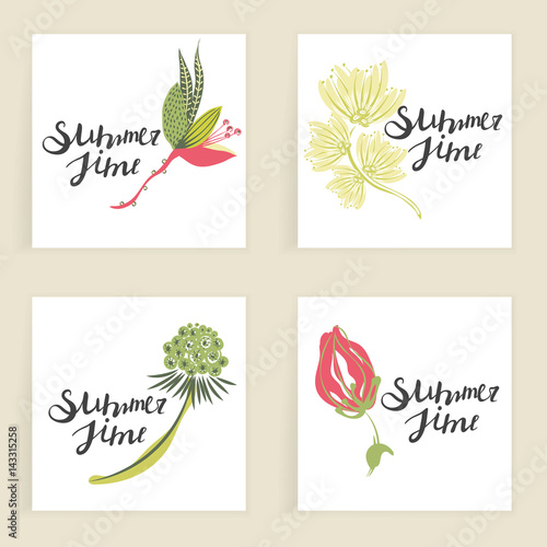 Summertime. Four square cards. Hand drawn creative flowers. Lettering. Colorful artistic background with blossom. It can be used for invitation, thank you message, postcard. Vector illustration, eps10