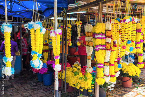 Photography Flower stall selling garlands for Indian