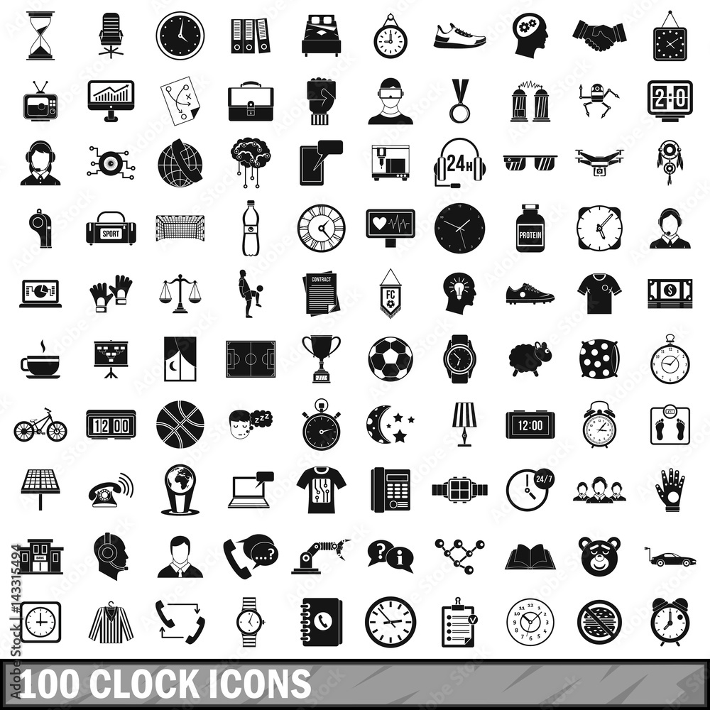 100 clock icons set, simple style 100 clock icons set, simple style