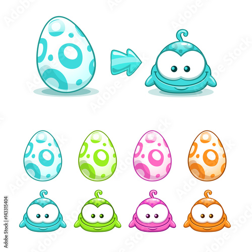 Cute colorful eggs with little funny monsters.