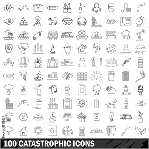 100 catastrophic icons set, outline style