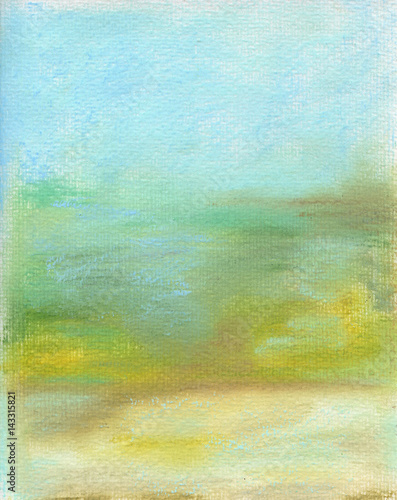 Abstract pastel drawing in blue green and yellow colors on textured paper
