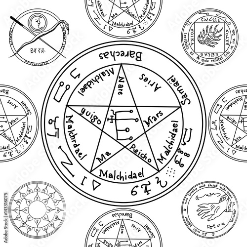 Texture with a repetitive pentacle pattern. Occult background. T