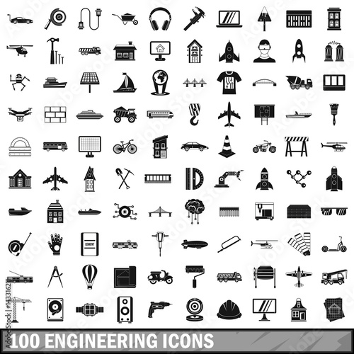 100 engineering icons set, simple style 