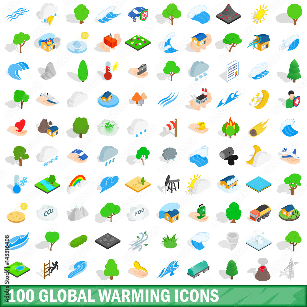 100 global warming icons set, isometric 3d style 100 global warming icons set, isometric 3d style