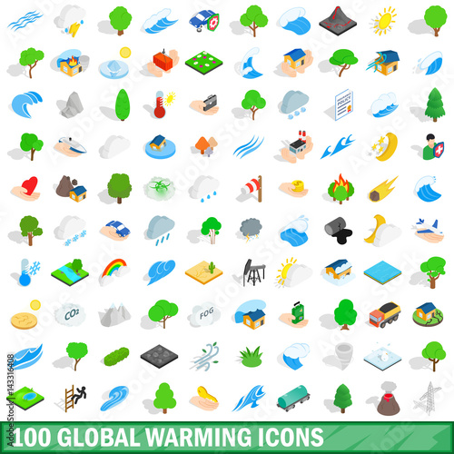 100 global warming icons set, isometric 3d style