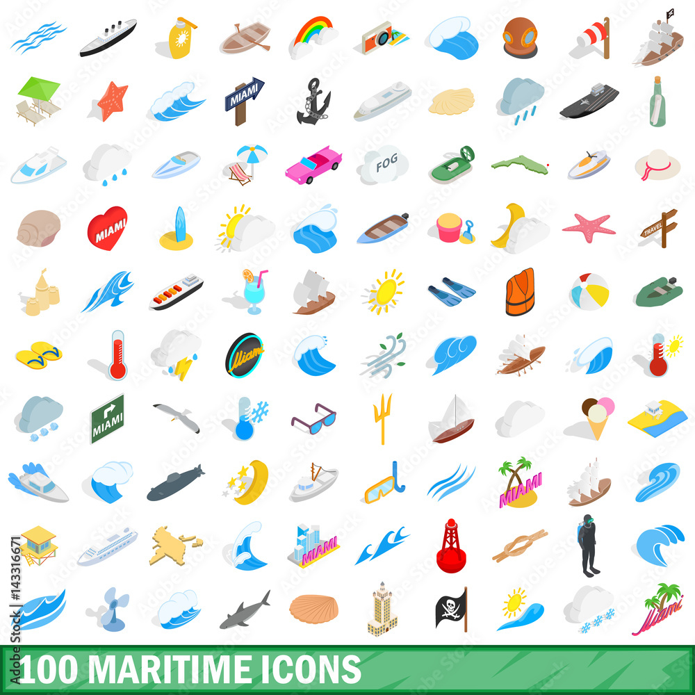 100 maritime icons set, isometric 3d style