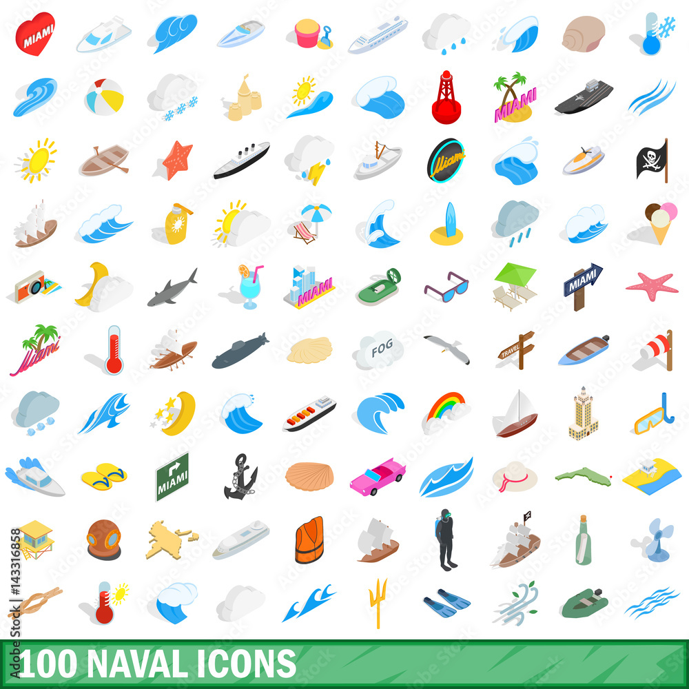 100 naval icons set, isometric 3d style