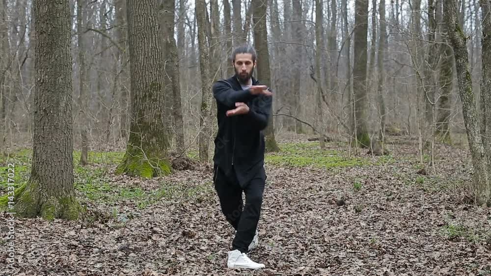 Master wushu and tai chi practiced in the forest in spring Master wushu and tai chi practiced in the forest in spring