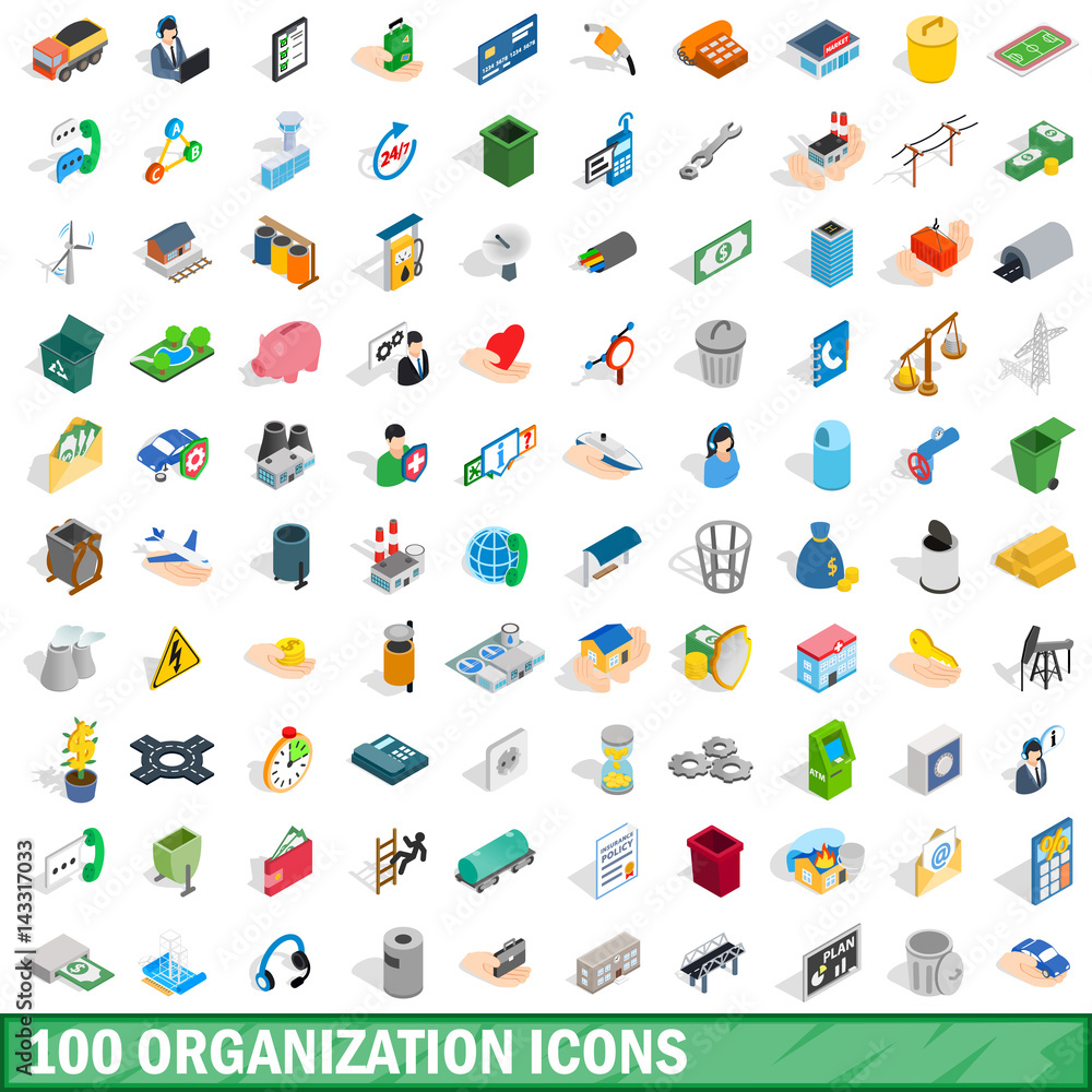 100 organization icons set, isometric 3d style 100 organization icons set, isometric 3d style