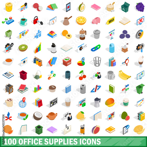 100 office supplies icons set, isometric 3d style