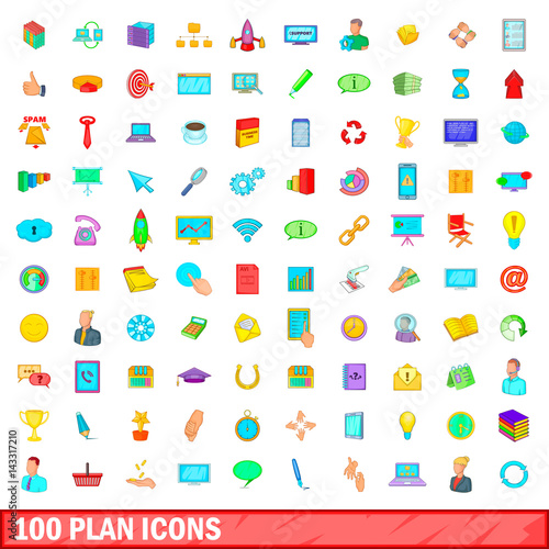 100 plan icons set, cartoon style