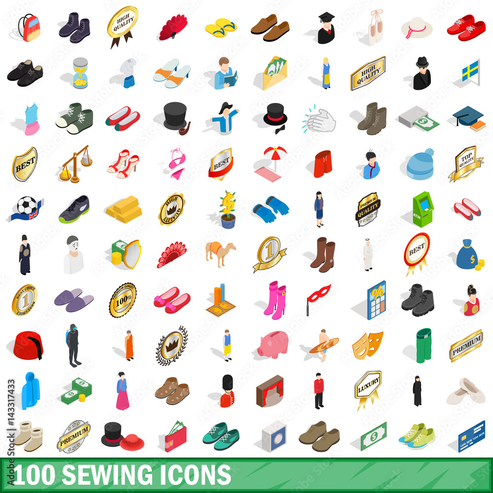 100 sewing icons set, isometric 3d style