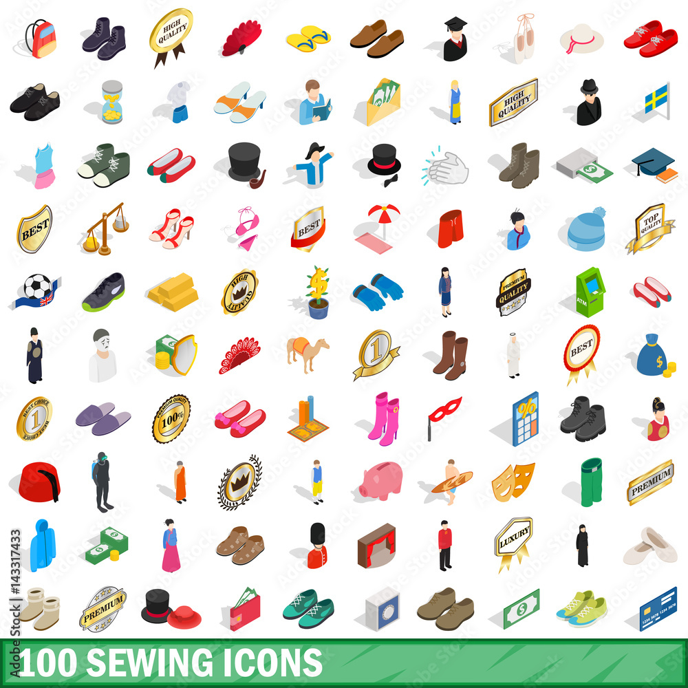 100 sewing icons set, isometric 3d style 100 sewing icons set, isometric 3d style