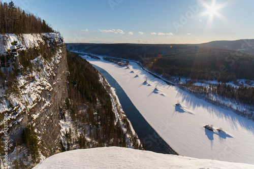 View from high mountain on river. Spring. photo