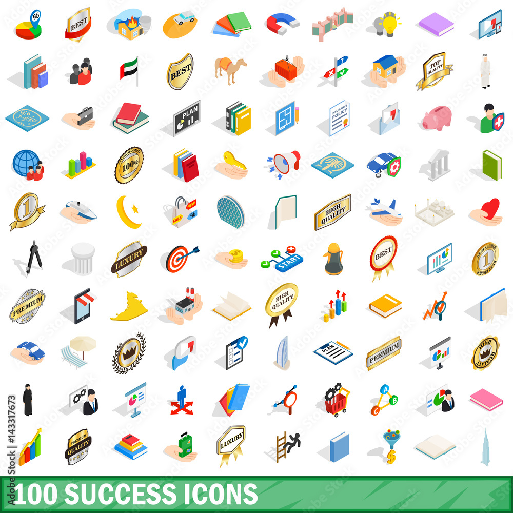 100 success icons set, isometric 3d style 100 success icons set, isometric 3d style
