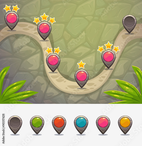 Game map with level rank indicators.