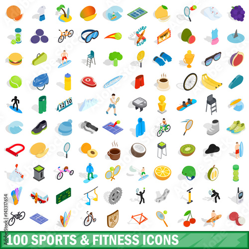 100 sport and fitness icons set, isometric style