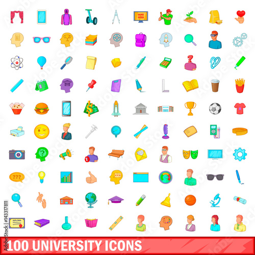 100 university icons set, cartoon style