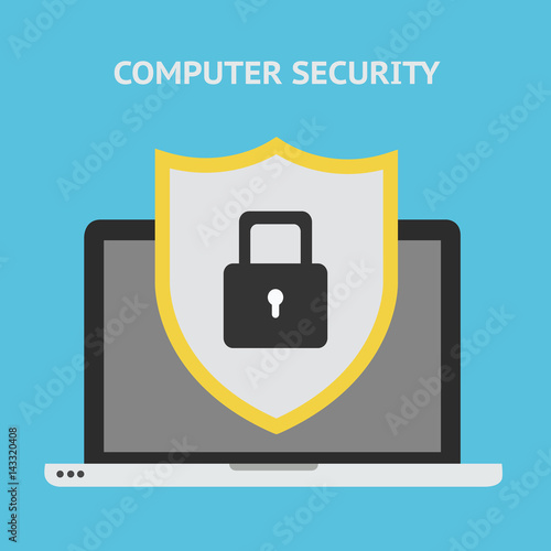 Computer security concept. Laptop with shield and lock on table. Vector illustration.