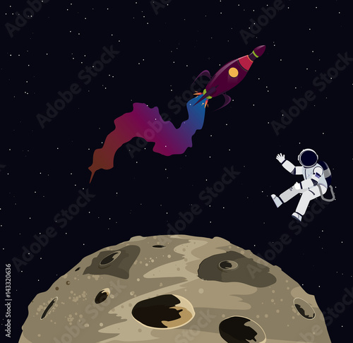 Illustration of austronaut  moon and rocket in the space.