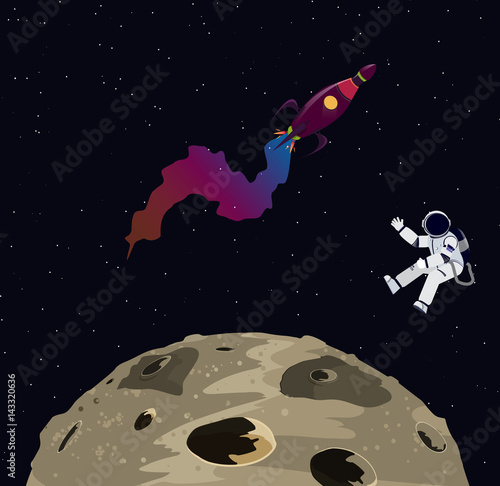 Illustration of austronaut, moon and rocket in the space.