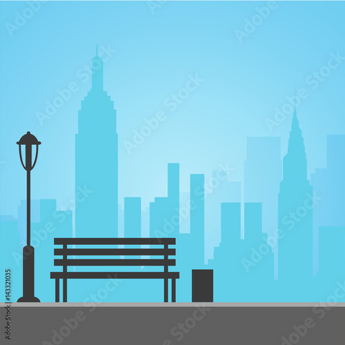 Bench on the Skyline City background