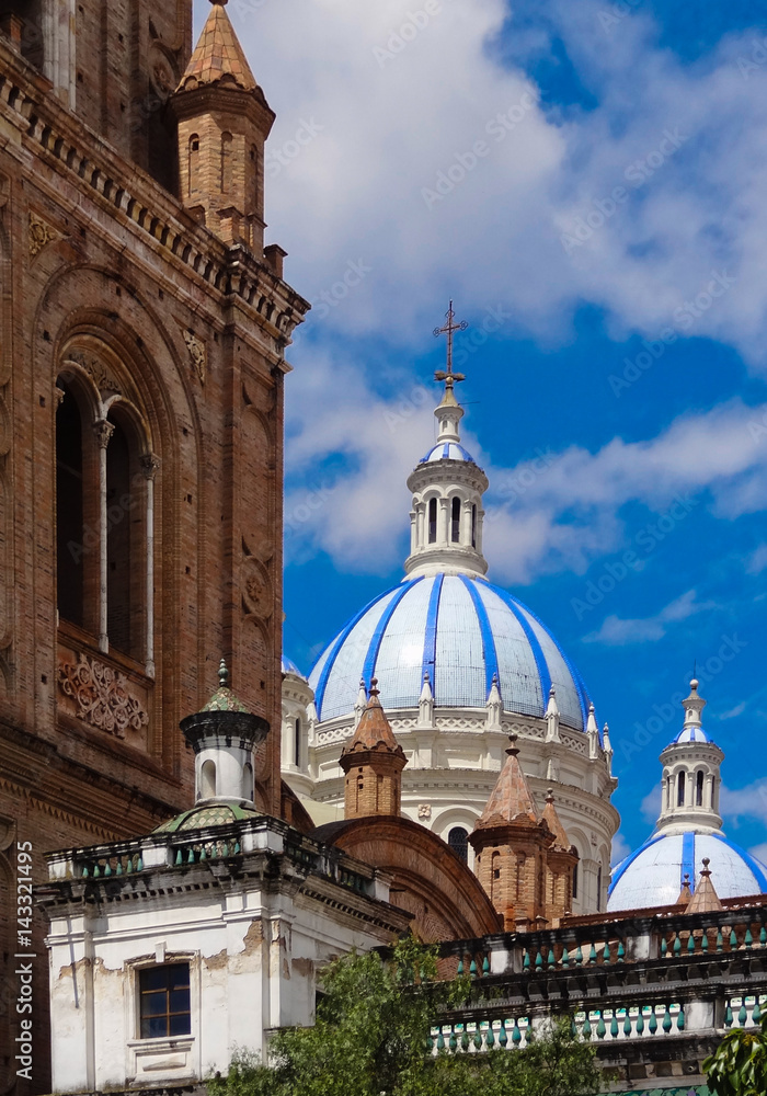 The domes of the New Cathedral in Cuenca, Ecuador. These are the famous view that are usually found on all travel brochures for the city.