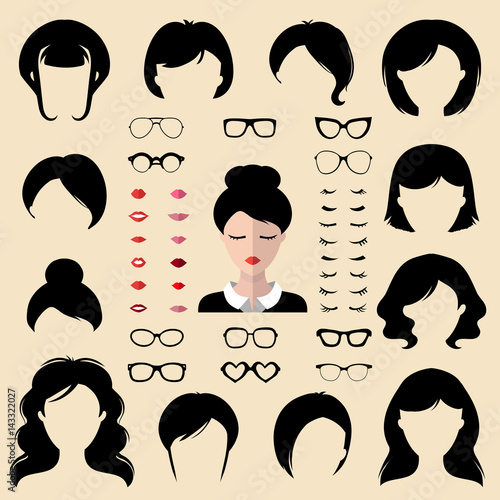 Female face creator. Vector set of dress up designer with different woman haircuts, glasses, lips etc in flat style.