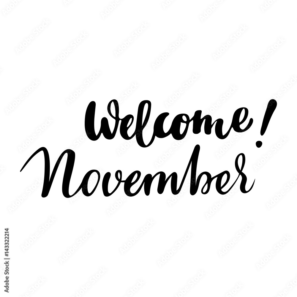 Autumn greeting card with phrase Welcome November. Vector isolated illustration: brush calligraphy, hand lettering. Inspirational typography poster. For calendar, postcard, label and decor. Autumn greeting card with phrase Welcome November. Vector isolated illustration: brush calligraphy, hand lettering. Inspirational typography poster. For calendar, postcard, label and decor.