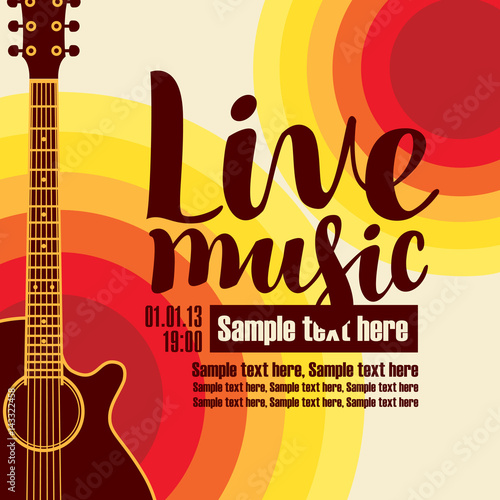 music poster for a concert live music with the image of a guitar on the colored background