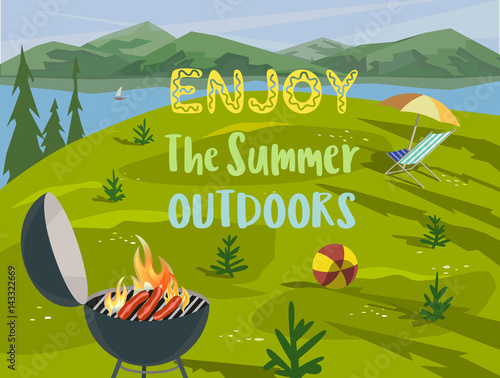 Summer outdoors concept. Cartoon retro style poster. Welcome invitation to barbecue picnic. Season holiday leisure banner background. Mountain valley, lake, green hills. Vector flaming BBQ grill