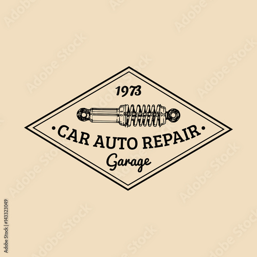 Car repair logo with shock absorber illustration. Vector vintage hand drawn garage, auto service advertising poster etc.